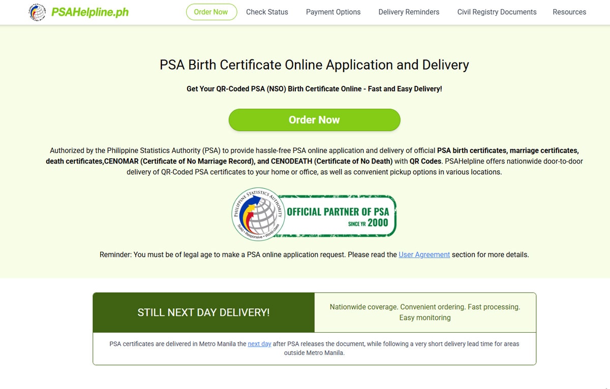 Order your PSA Certificate online at PSAHelpline.ph.